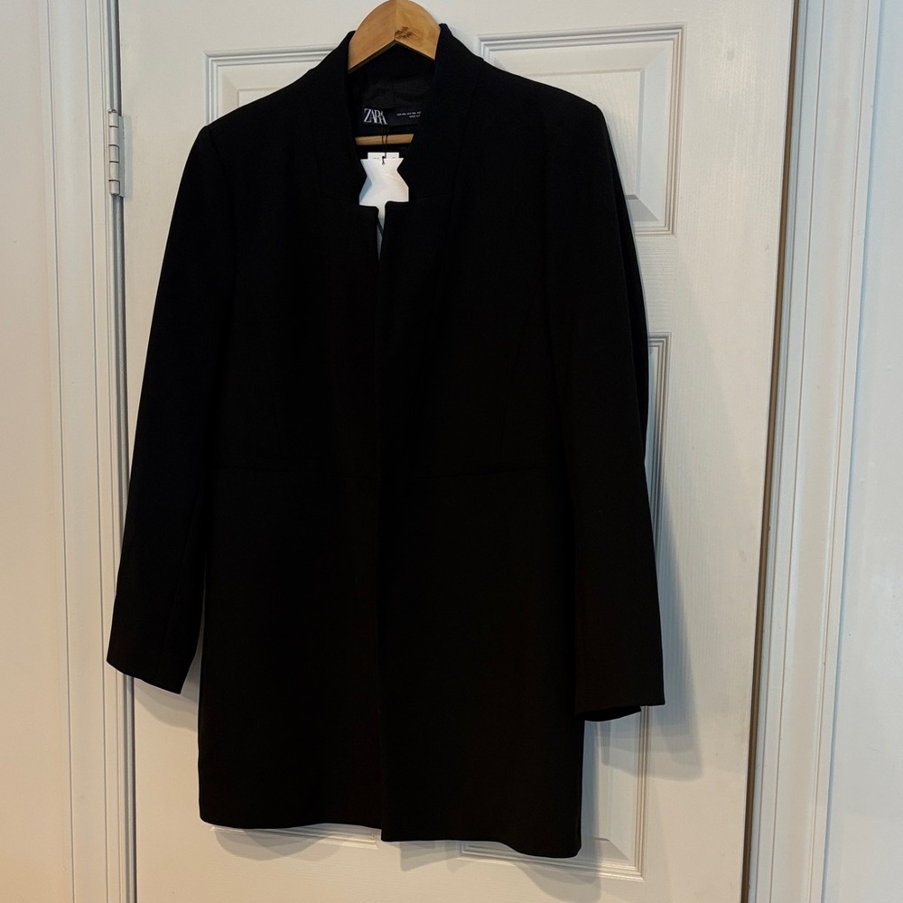 Zara Black Long Open-Front Blazer Jacket